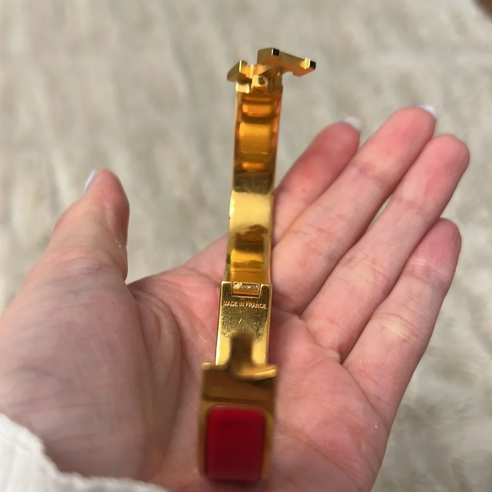 Hermes red enamel & gold H bangle bracelet set with green cord bracelet